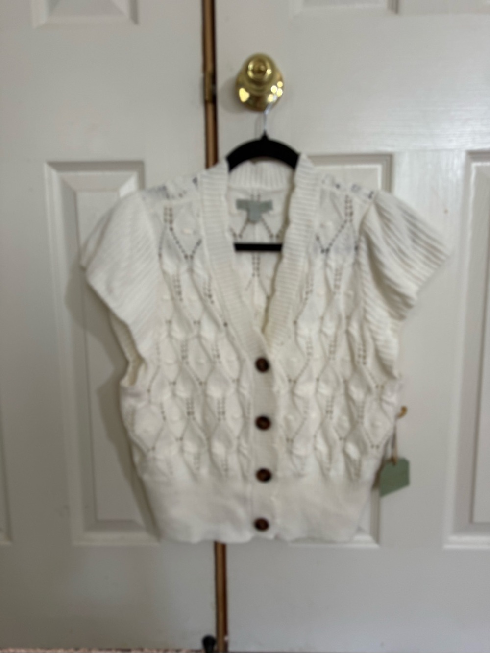 NWT Ryegrass Womenโs L Pale Ecru Pointelle Open Knit Short Sleeve Cardigan